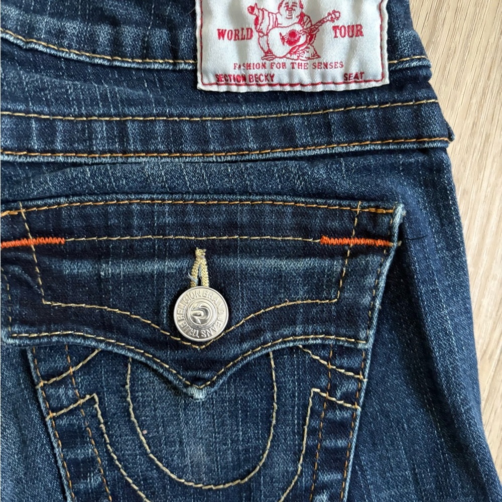 True Religion Blue Denim Jeans with Signature Horseshoe Stitching